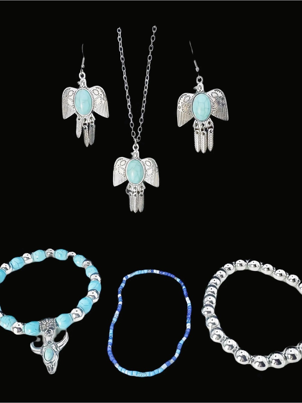 Silver-Tone Turquoise Thunderbird 5 Piece Necklace Bracelet & Earrings Set